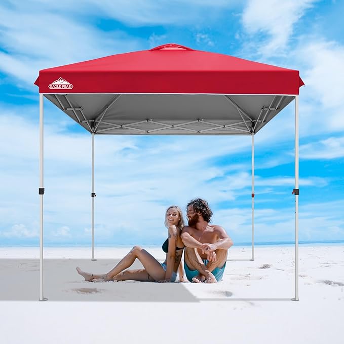 EAGLE PEAK Pop Up Canopy Tent with Wheeled Carry Bag, 8 Stakes, 4 Ropes, Easy Set Up Tent Canopy, 8x8 ft, Red