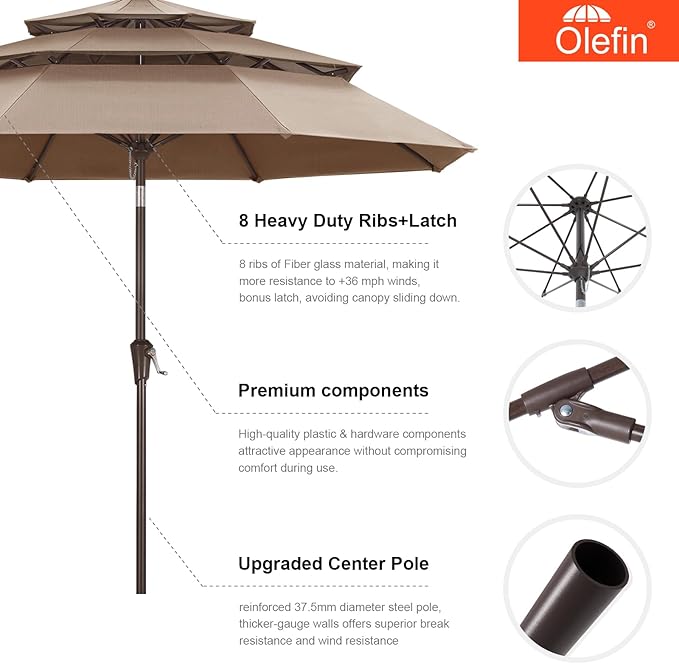 MASTERCANOPY 9ft 3-Tier Olefin Patio Umbrella with Tilt Crank, 5-Year-Non-Fading Canopy & 8 Fiberglass Ribs for Deck, Patio, and Garden, Burgundy & White