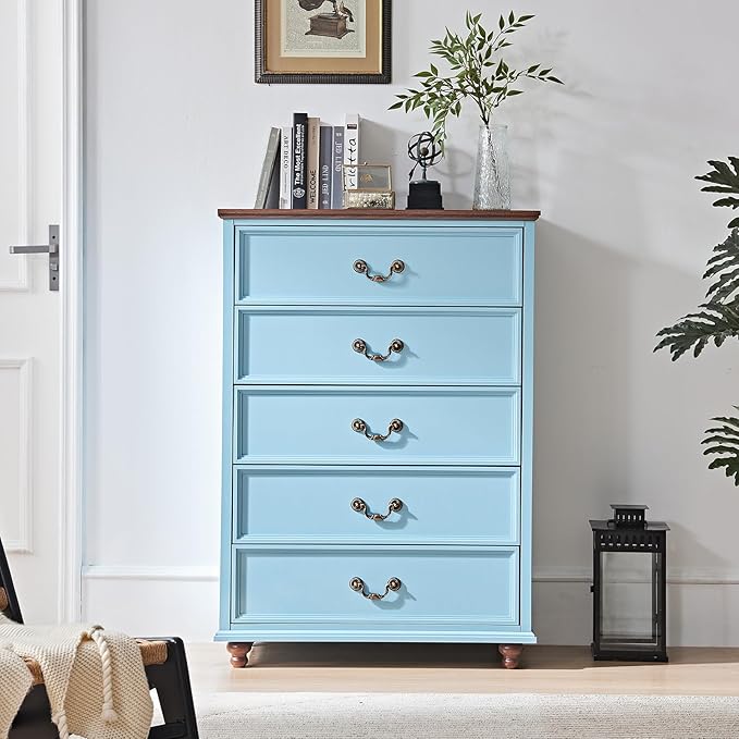 Farmhouse 5 Drawer Dresser for Bedroom, 45" Tall Rustic Chests of Drawers w/ 4 Solid Wood Feet, Mid Century Modern Wooden Closet Storage Dressers Organizer for Living Room, Hallway, Light Blue