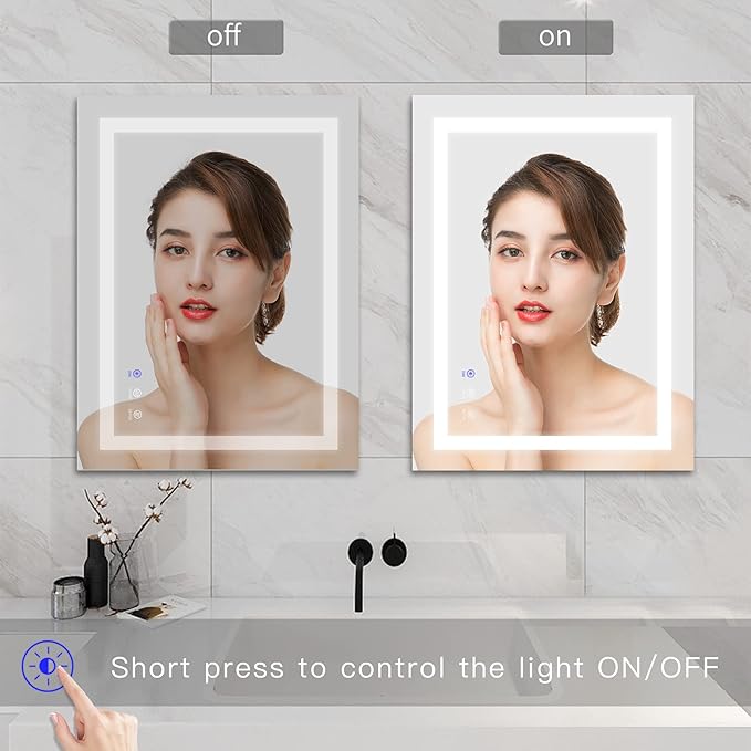 LED Bathroom Mirror,36x28 Inch Bathroom Vanity Mirror Wall Mounted with 3000K-6000K Adjustable, Anti-Fog, Smart Touch Button, Stepless Dimmable Lighted Makeup Mirror, Horizontal/Vertical