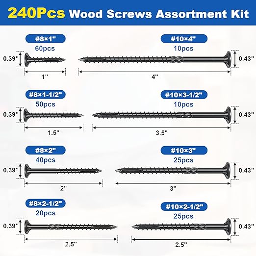 240Pcs Deck Screws, #8#10 Wood Screws Assortment Kit, 8Sizes Assorted Screw Set, Rust Resistant Torx Screws with Flat Head, Black Screw Kit for Woodworking Projects, Star Bit Included