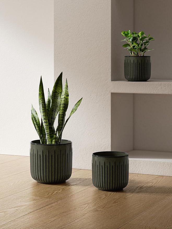 LE TAUCI Fluted Ceramic Planters Set of 3 – 8.3/7 / 5.7 in Dark Olive Reactive Cylinder Indoor Plant Pots with Drainage Plug & Mesh, Glossy Stoneware Flower Pots for Succulents Herbs