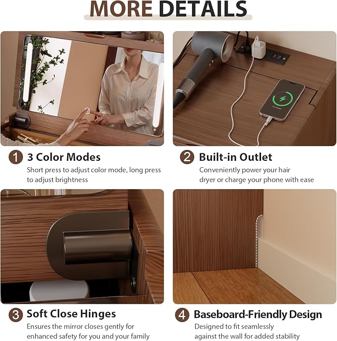 Solid Wood 3 in 1 Vanity Desk with Flip Top Mirror, No Assembly, Compact Vanity with Hidden Chair, Small Makeup Vanity Set with Power Outlet, Dressing Table for Bedroom, Walnut