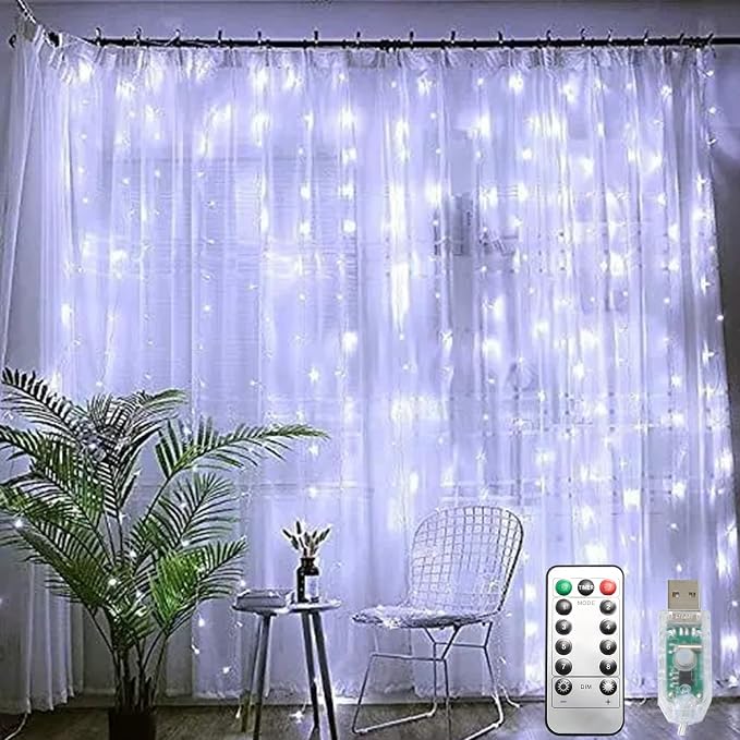 Curtain String Lights, 300 LED Fairy Lights with 8 Light Modes, 9.8x9.8Ft Remote Controlled Plug-in Fairy String Lights for Christmas, Bedroom, Indoor, Outdoor, Weddings, Party Decor (White)