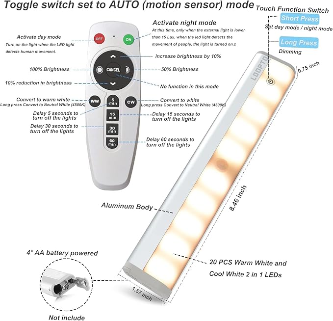 LDOPTO Motion Sensor Under Cabinet Lights with Remote 4 Pack, Dimmable Battery Operated Closet Lighting, LED Night Lights Indoor for Kitchen Hallway Stairway, tunable 3 Colors with timers