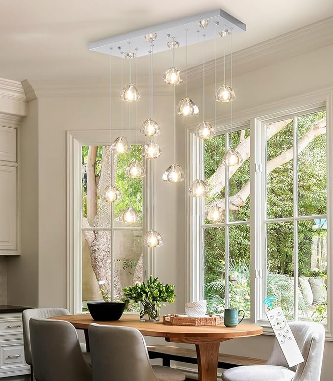 Crystal Rectangular LED Chandelier for Living Dining Room Light Dimmable High Ceiling Pendant Lights Fixtures Lighting Chandeliers for Foyer Entryway Lighting Polished Chrome