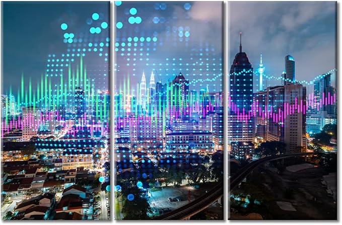 TUMOVO Stock Market Graph Hologram Night Panorama City View Pictures Wall Decor Living Room 3 Piece Artwork Contemporary Home Decor Posters and Prints Framed Ready to Hang (60" Wx40 H)