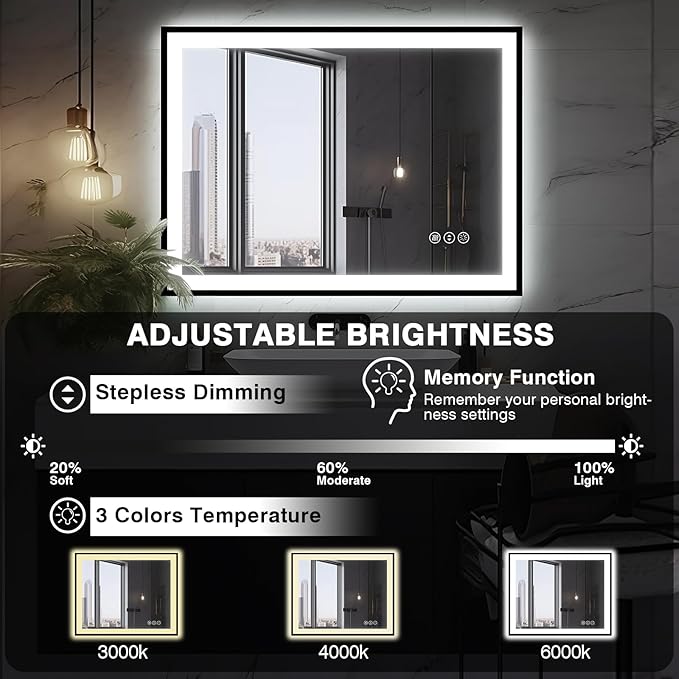 40x24 LED Bathroom Mirror - Black Aluminum Framed, Front and Backlit, Anti-Fog, Stepless Dimmable Lighted, 3 Colors Smart Vanity Mirror (Horizontal/Vertical)