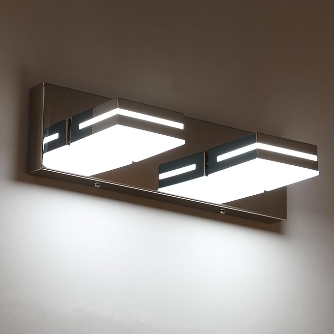 SineRise LED Modern Bathroom Vanity Light Fixtures (2-Light, 15.5-Inch, Dimmable), Chrome Modern Acrylic Bathroom Wall Lighting Fixtures Over Mirror (Cool White 6000K)