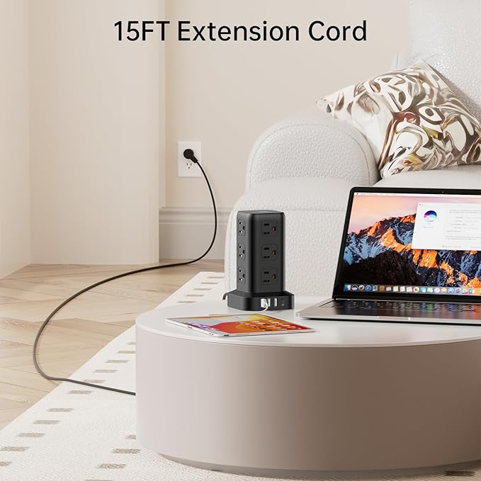 PD20W Surge Protector Power Strip Tower, 15FT Extension Cord with Multiple Outlets, 12 AC 4 USB (1 USB C)，Mini Power Strip with USB Ports, Surge Protector Tower Overload Protection for Office, Desk