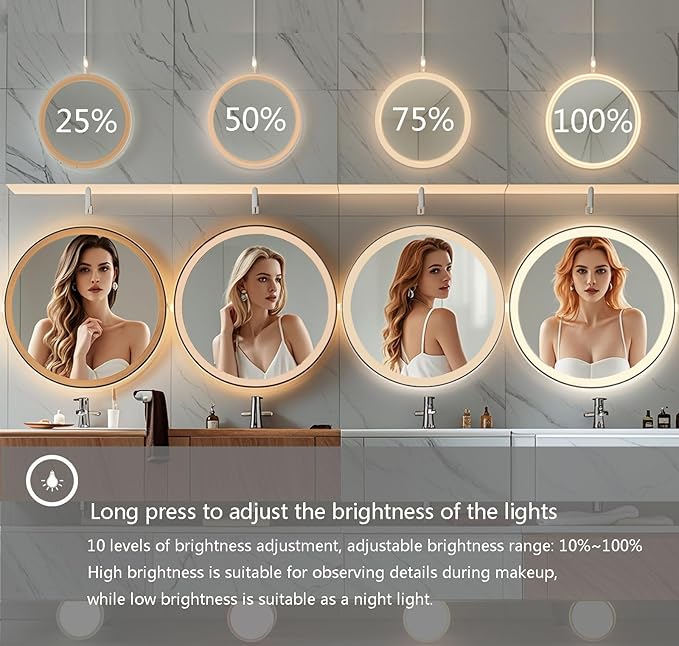 Wall-Mounted Round Bathroom Mirror with LED-Lights - Frame Vanity Mirrors (24" x 24", Black)