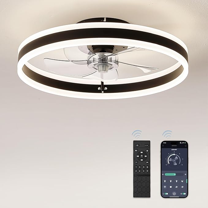LEDIARY Low Profile Ceiling Fans with Lights, Flush Mount Modern Ceiling Fan and Remote Control, 19.7" LED Ceiling Fans, Stepless Dimmable 3 Colors and 6 Speeds - Black