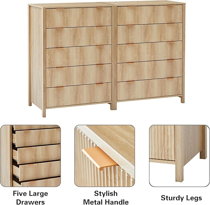 5 Drawer Double Dresser for Bedroom, Modern Wide Chest of Drawers with Fluted Panel Design,Wood Storage Dressers Chest of Drawers for Bedroom Living Room Hallway Closet,Natural,2 Sets