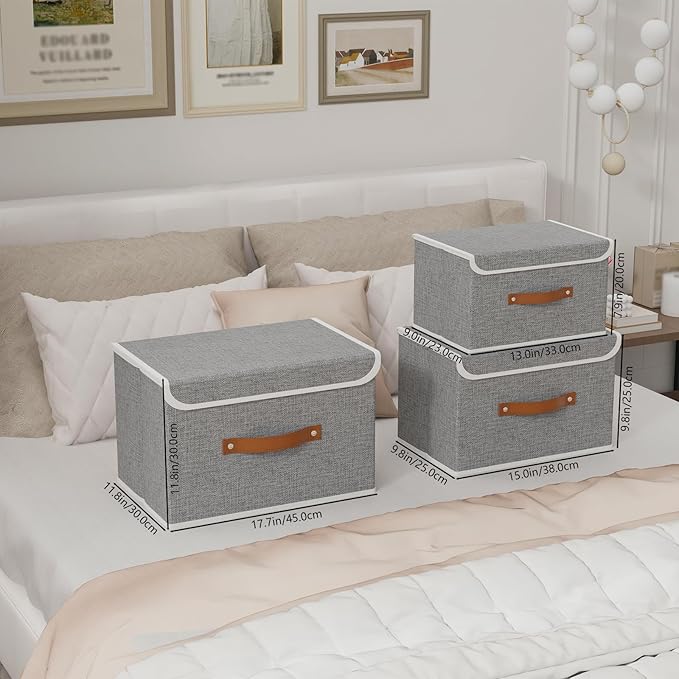 Yawinhe Storage Bins with Lids, Closet Baskets, Washable and Leather Handle, Collapsible Boxes for Home, Grey, 17.7''Lx11.8''Wx11.8''H, 7-Pack, USNK024GX-7