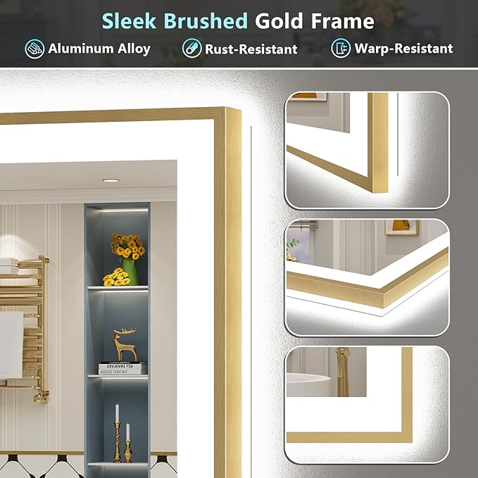 88x38 Gold LED Bathroom Mirror with Lights, Brushed Gold Framed Backlit and Front Lit Anti-Fog Lighted Vanity Mirrors for Bathroom Wall, Dimmable, 3 Colors, Memory, HD Tempered Glass, CRI＞90