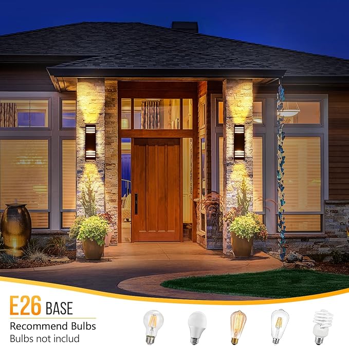 wowlite Outdoor Wall Lights Dusk to Dawn 2 Pack, Modern Porch Lights Outdoor Wall Sconce Square, Bronze Up and Down Lights, Waterproof Exterior Light Fixture for House Garage Patio, ETL Listed