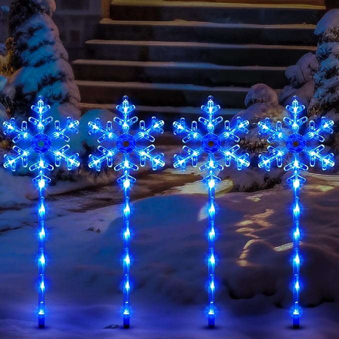 Solar Christmas Pathway Lights Outdoor Decorations, Solar Powered Snowflake Lights, Waterproof Xms Garden Stake Lights Outdoor Christmas Decorations for Patio Yard Porch Lawn, 4 Pack(Blue)