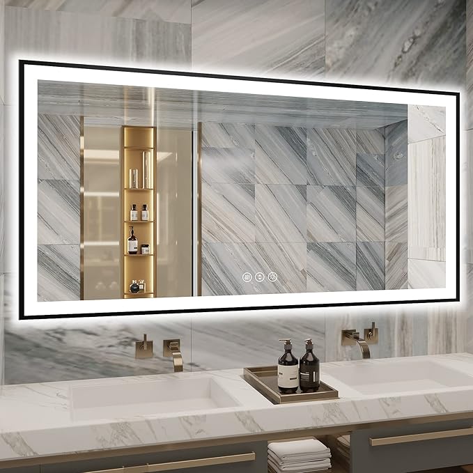 72x36 Bathroom Mirror With Lights - Black Aluminum Framed (Front and Backlit), Anti-Fog LED Lighted Bathroom Mirror,Stepless Dimmable Vanity Mirror,3 Colors Smart Mirror(Horizontal/Vertical)