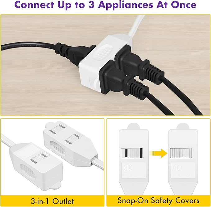 POWERCORDS [ETL Certified] 2-Pack 16 AWG 2 Prong Extension Cord, 13A 3-Outlet Indoor Extension Cord with Tamper Guard, 13 Amp, 1625 Watts, White, Available Lengths 3FT, 6FT, 10FT, 15FT (6 Feet)