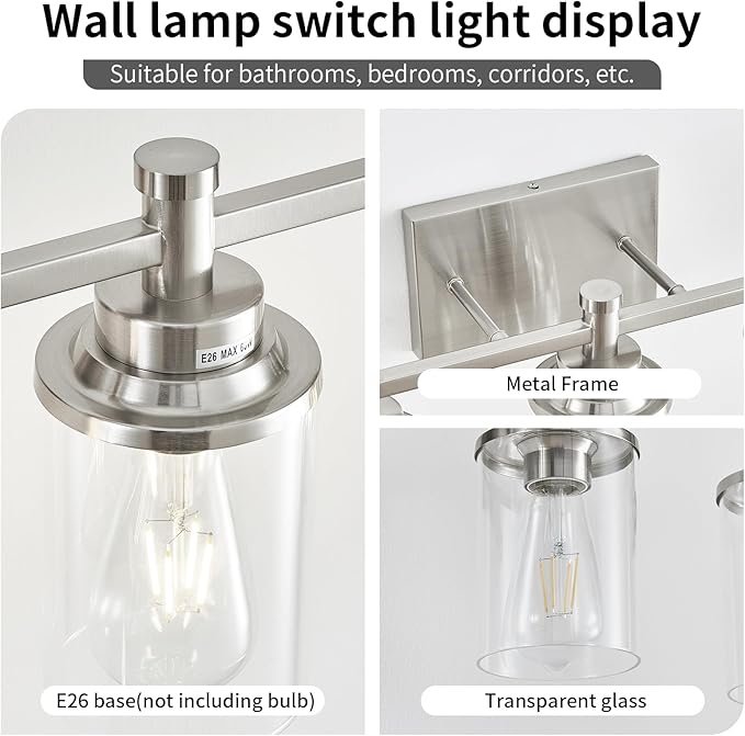 6-Light Bathroom Vanity Light, Brushed Nickel Fixtures Over Mirror, Wall Mount with Clear Glass Shade, Modern Wall Sconce