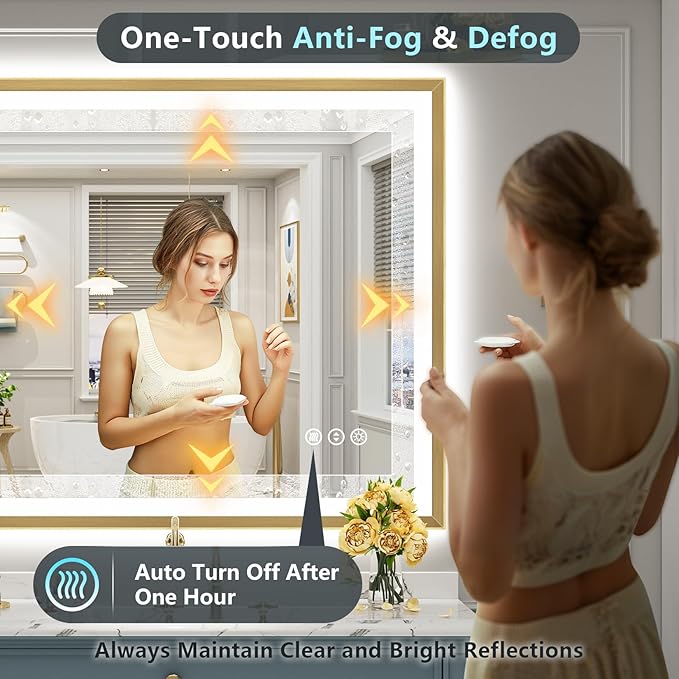 44x36 Gold Beveled LED Bathroom Mirror with Lights, Brushed Gold Framed Backlit and Front Lit Anti-Fog Lighted Vanity Mirrors for Bathroom Wall, Dimmable, 3 Colors, Memory, HD Tempered Glass