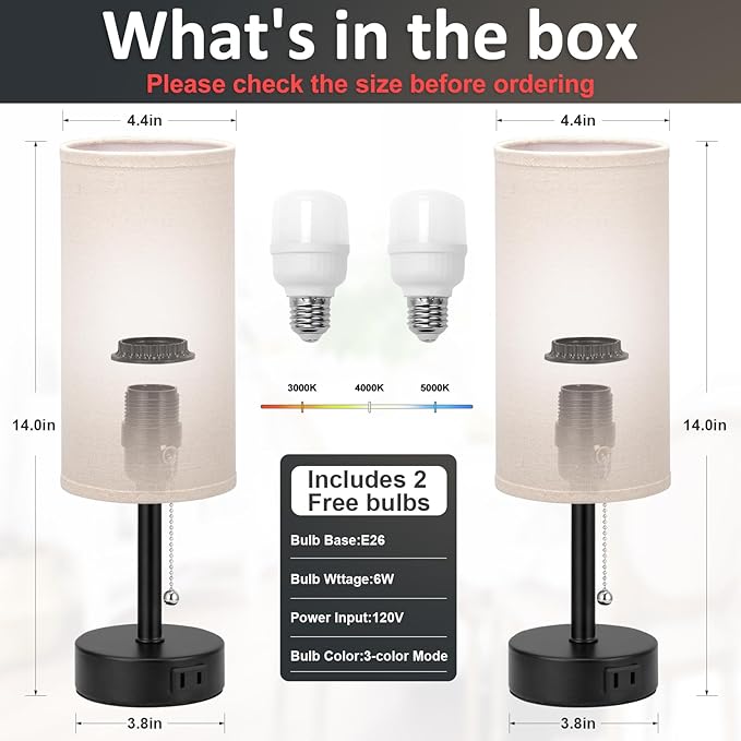 Fenmzee Bedside Table Lamps Set of 2-3 Color Temperatures Pull Chain Lamp with AC Outlet Charging Port, Round Night Stand Lamps for Bedroom Guest Room Office, Small Bed Side Light with E26 LED Bulbs