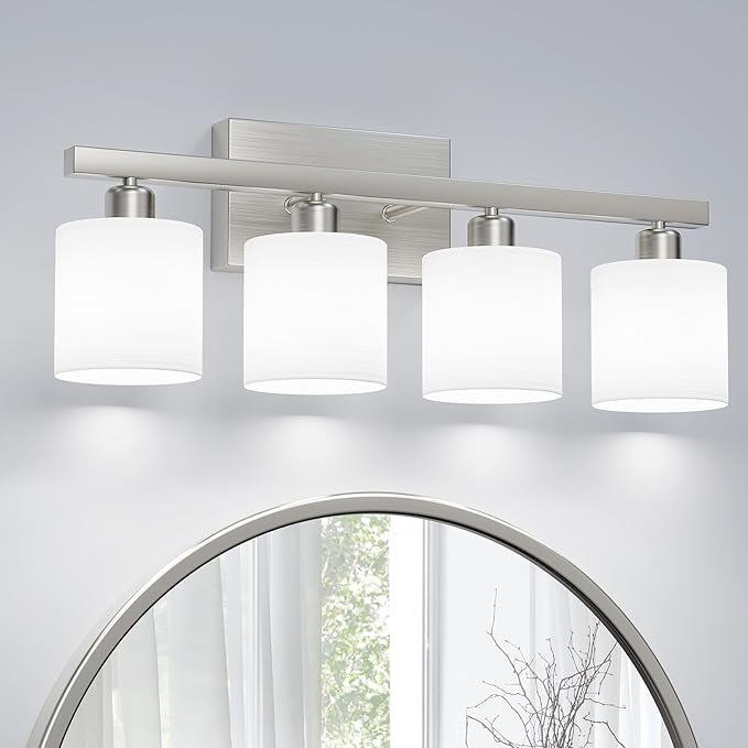 PARTPHONER Bathroom Light Fixtures, Bathroom Lighting Fixtures Over Mirror, Classic Vanity Lights, Modern Vanity Light with Textured Frosted Opal White Glass Shades, Brushed Nickel, 4-Light