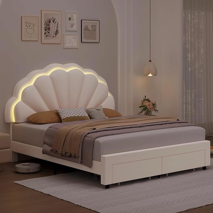 HIFIT Full Size Upholstered Smart LED Bed Frame with 2 Storage Drawers and Adjustable Chic Double Petal Headboard, Princess Platform Bed for Girls, Solid Wood Slats Support/No Box Spring Needed, Beige