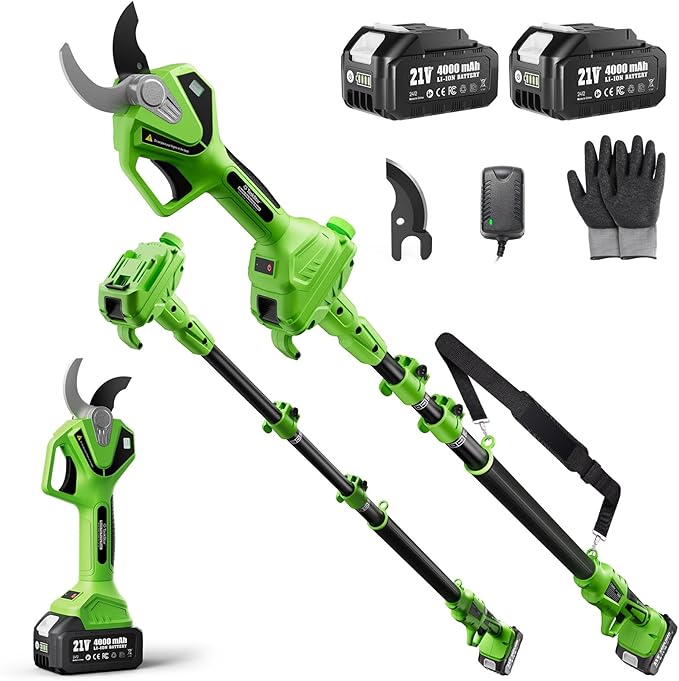 Electric Pruning Shears with Pole: 1.6" Cutting Diameter 2-in-1 Cordless Pole Pruner - 2 Pcs 4.0Ah Batteries, Brushless Motor, Extra SK5 Blade, Branches Cutter for Flower Tree Trimming