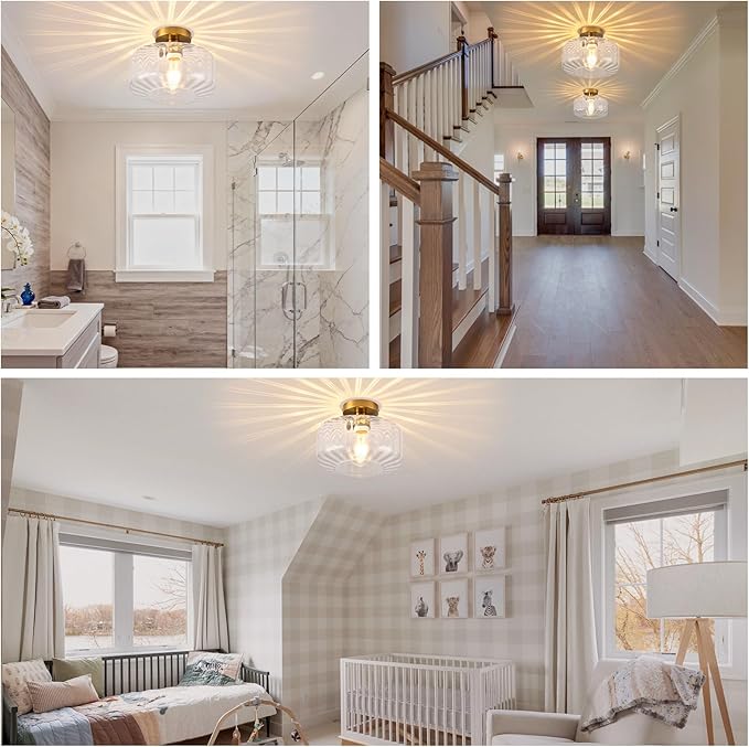 Gold Semi Flush Mount Ceiling Light, Luxury Close to Ceiling Light Fixtures with Transparent Glass Shade, Round Light Fixtures Ceiling Mount for Bathroom Dining Room Bedroom Living Room Hallway, E26