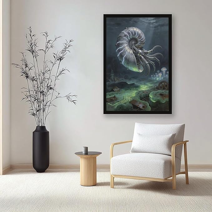 Framed Steampunk Mechanical Nautilus Wall Art - Underwater Industrial Poster for Man Cave Studio Decor 16x24in
