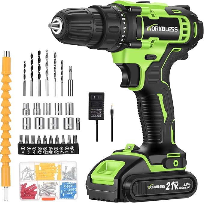 WORKBLESS 21V Power Drill Set, Cordless Drill with Battery and Charger, 3/8'' Keyless Chuck, Variable Speed, 18+1 Torque Setting and 28pcs Drilling/Driver Bits Tool Set(Green)