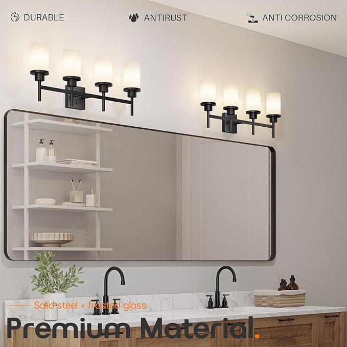 Wall Light Fixtures 4-Light Over Mirror, Matte Black Vanity Lights with White Frosted Glass Shade, Wall Sconces for Bathroom Kitchen T001MB-L4