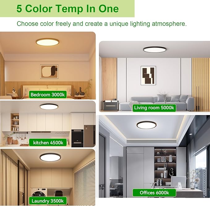 hunhun 8 Pack 3200lm LED Flush Mount Ceiling Light 12 Inch,5CCT Adjustable, Super Slim 0.87 inch led Ceiling Light Fixture for Bedroom, Living Room, Dining Room (Black, 8-Pack)