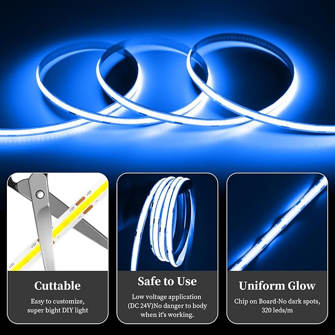 iNextStation 32.8ft/10M Bule COB LED Strip Light, DC24V CRI 93+ Bule Light Strip, 8mm Width LED Tape Lights, Dimmable COB Strip Light for TV Backlight, Home Light, Bedroom Light(No Plug)