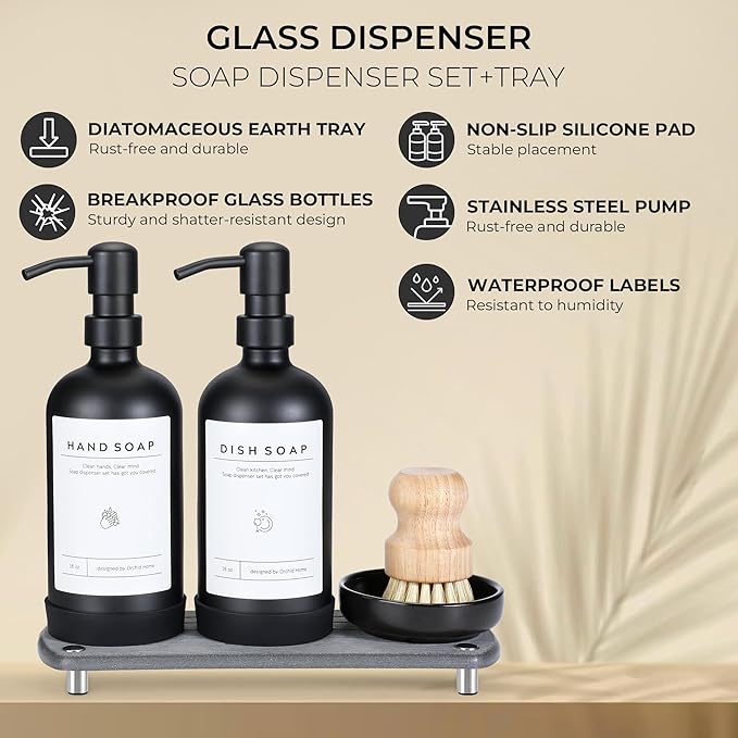 [Luxury] Kitchen Soap Dispenser Set - 16OZ Black Glass Bottle, Stainless Steel Pump, Instant Dry Tray, Waterproof Labels, Non-Slip Silicone Pad, and Dish Brush | Upgrade for Your Kitchen and Bathroom