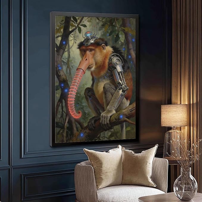 Framed Steampunk Mechanical Proboscis Monkey Wall Art - Jungle Neon Retro Poster for Apartment Leisure Area Decor 12x18in