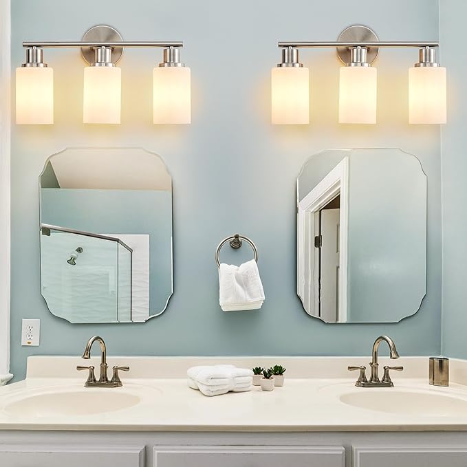 DLLT 3-Light Bathroom Light Fixtures: Nickel Modern Vanity Lights with E26 Bulbs - Milky White Glass Shade Bathroom Wall Lamp for Mirror Kitchen Living Room Hallway Cabinet Porch