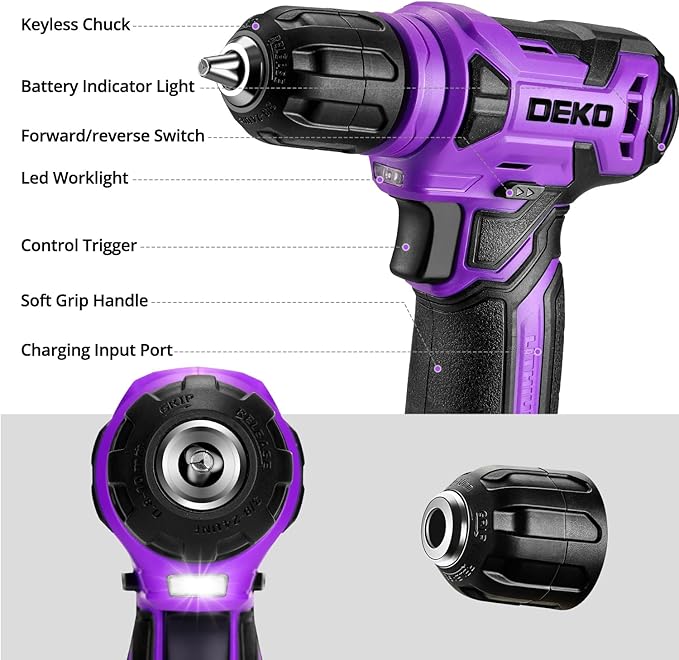 Tool Set: Tool Kit with 8V Cordless Drill, Hand Toolbox with storage case, Tool set for Home Repairs 126 Piece, Purple