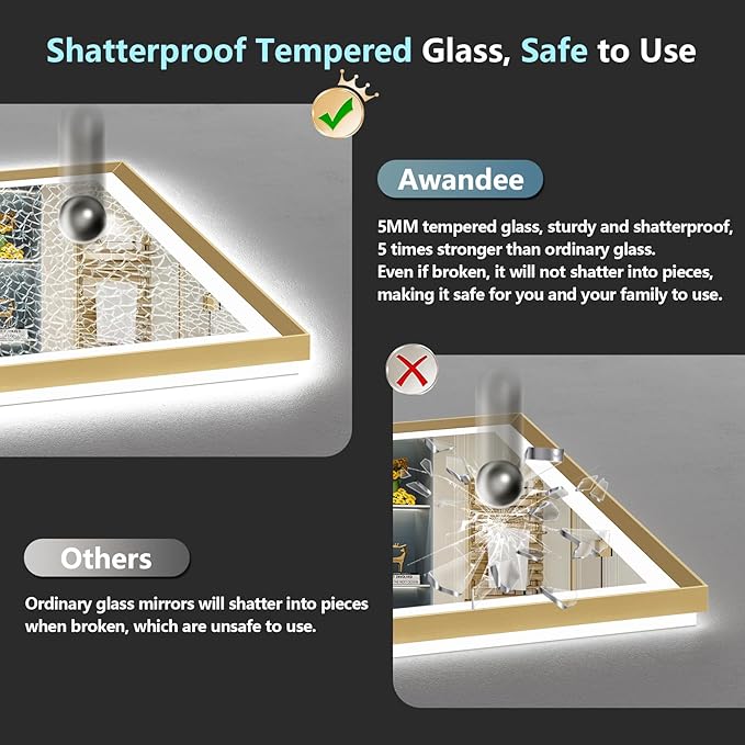 72x36 Gold Beveled LED Bathroom Mirror with Lights, Brushed Gold Framed Backlit and Front Lit Anti-Fog Lighted Vanity Mirrors for Bathroom Wall, Dimmable, 3 Colors, Memory, HD Tempered Glass