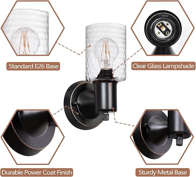 Wall Sconces Set of 2 - Matte Black Vanity Lights for Bathroom Modern Wall Light Fixtures with Rotary Switch - Wall Mount Light with Hammered Glass,Farmhouse Wall Lamp for Bedroom Mirror Living Room