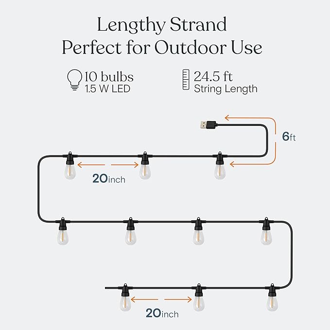 Brightech Ambience Pro USB Powered String Lights - 24 Ft Commercial Grade Waterproof String Lights, Outdoor Shatterproof Patio Lights for Camping, Christmas, Backyard, Porch - 1W LED Soft White Light