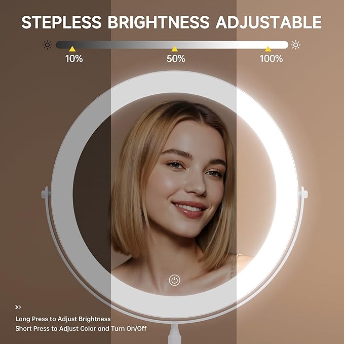 Professional 8" Large Lighted Makeup Mirror with Brighter Lights, 1X/10X True HD Magnifying Mirror with 3 Color Dimmable Lights, 92 Shadowless LEDs, 360°Swivel Seamless Vanity Mirror, Chrome