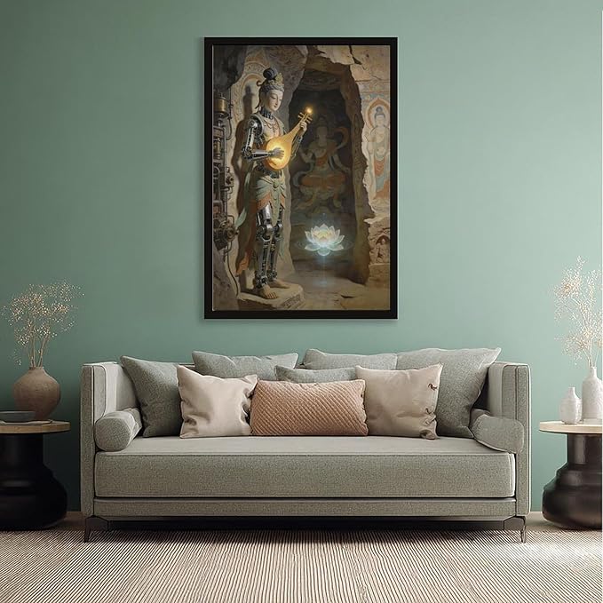 Framed Steampunk Mechanical Fairy Wall Art - Cultural Retro-Futuristic Poster for Home Office Bedroom Decor 16x24in