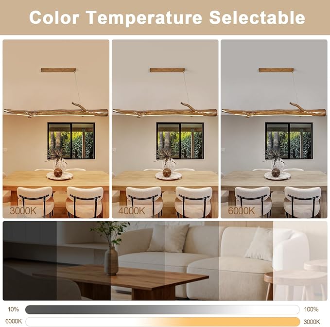 63in Wood Linear Pendant,Modern Dimmable Hanging Light Adjustable Kitchen Island Linear Chandelier for Dining Room Pool Table Light