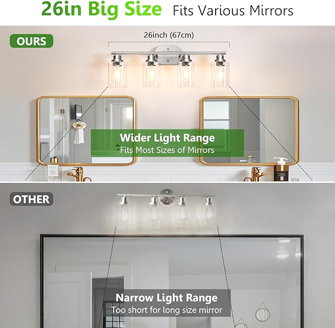 Ascher 4-Light Bathroom Light Fixtures, Modern Vanity Lights with Clear Glass Shade, Brushed Nickel Wall Lamp for Bathroom Mirror Hallway Cabinet Porch