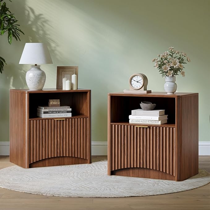 Evermagin Fluted Nightstand Set of 2, Walnut Bedside Table with Drawer and Storage, Wood End Table Mid Century Modern, Large Night Stand for Bedroom