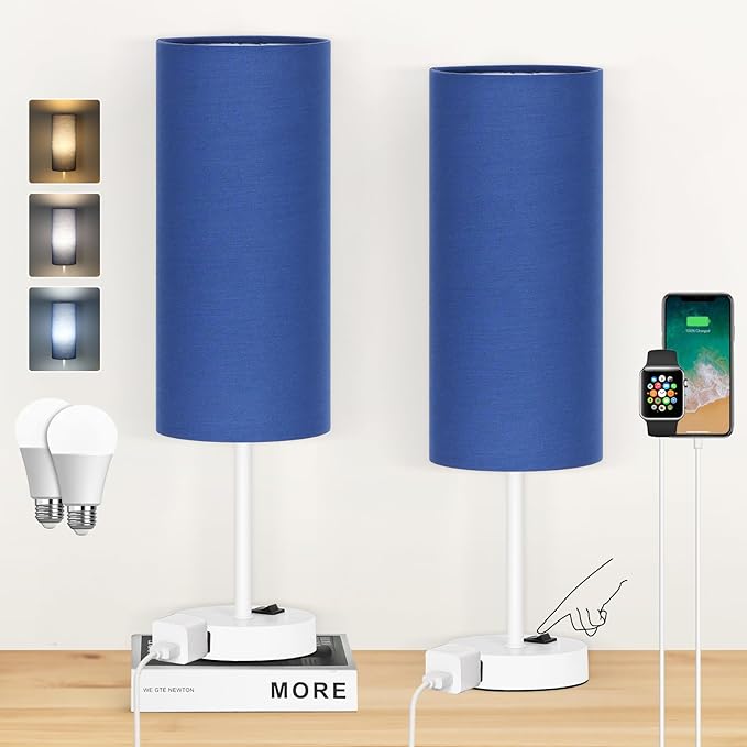 ZJOJO Table Lamp for Bedroom 2 Pack,18in Bedside Lamps with 3 Way Dimmable Rocker Switch & AC Outlet,Nightstand Desk Lamp with Blue Fabric Shade White Base for Living Room Home Decor Lights