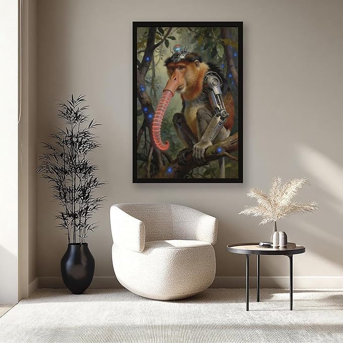 Framed Steampunk Mechanical Proboscis Monkey Wall Art - Jungle Neon Retro Poster for Apartment Leisure Area Decor 24x36in