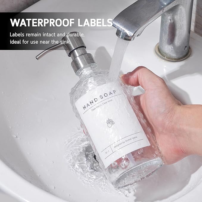 [Luxury] Kitchen Soap Dispenser Set - 16OZ Clear Glass Bottle, Stainless Steel Pump, Instant Dry Tray, Waterproof Labels, Non-Slip Silicone Pad, and Dish Brush | Upgrade for Your Kitchen and Bathroom